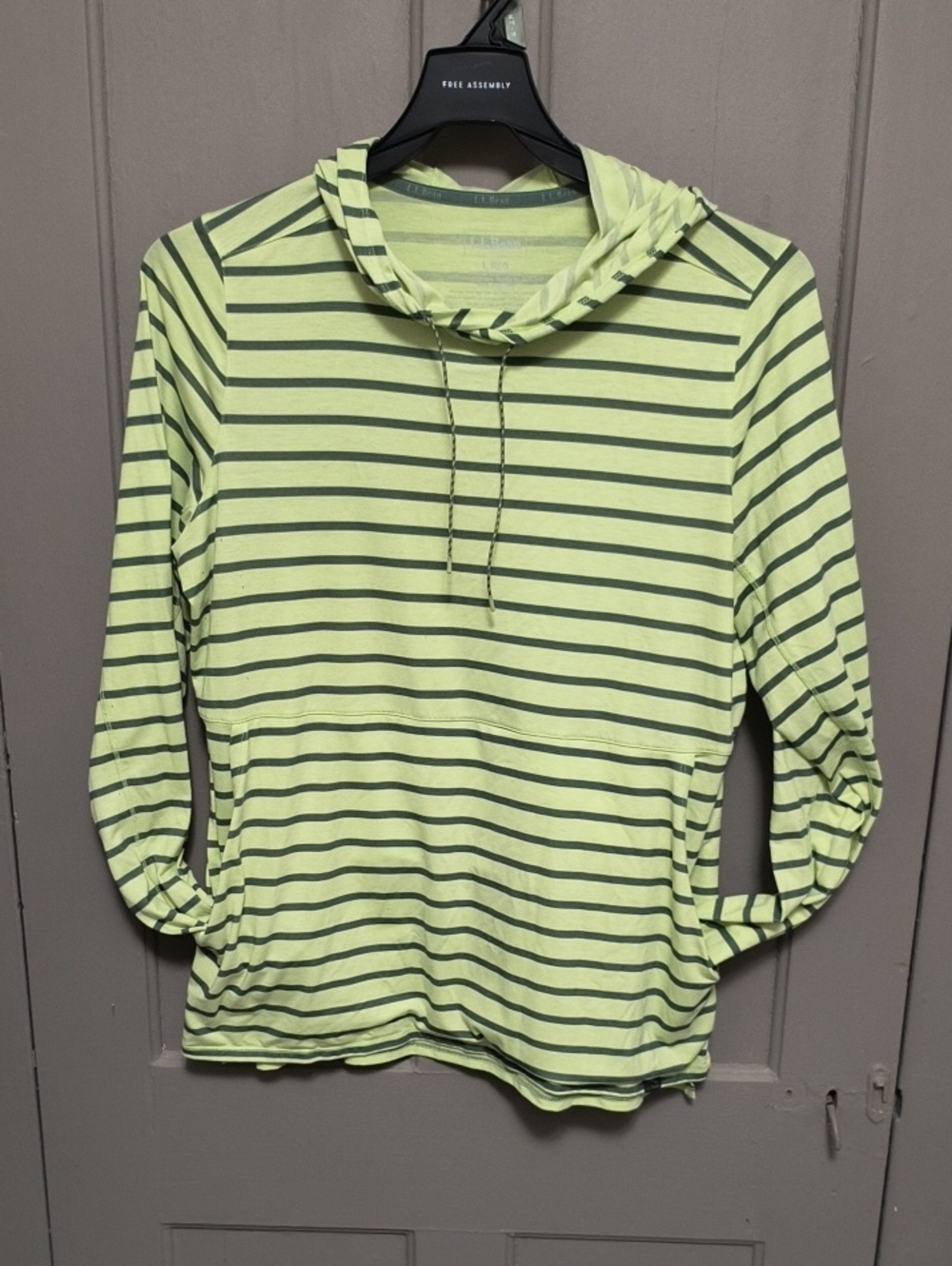 L.L. Bean Pale Lime and Gray Striped Hooded Pullover